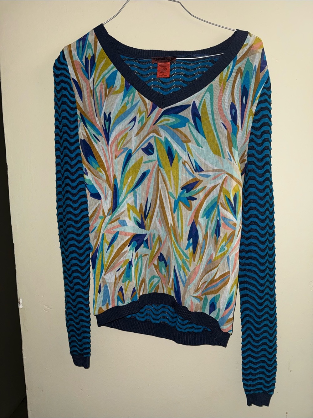 Missoni Multicolor V-Neck Leaf-Print Long Sleeve Top with Navy Chevron Sleeves